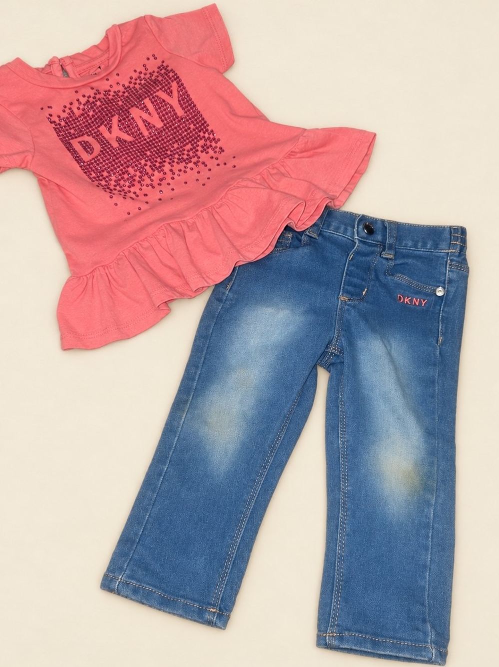 DKNY Baby Girls 2-Piece Pink Logo Top & Jeans Set – Size 18 Months